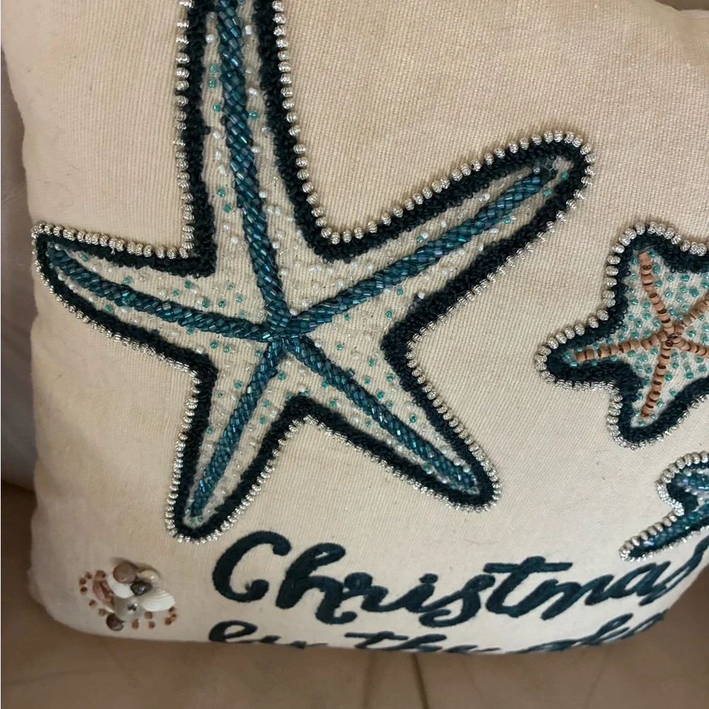 Christmas by the Sea Beach Pillow with shells & beaded starfish from Pier 1 mint - Picture 3 of 6